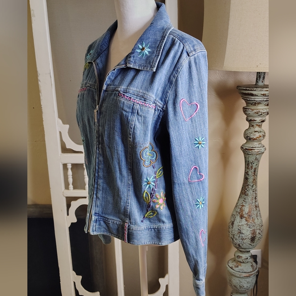 Christopher and Banks Y2K Flower Embroidered Denim Jacket Size M Cottage Preppy - Picture 4 of 9